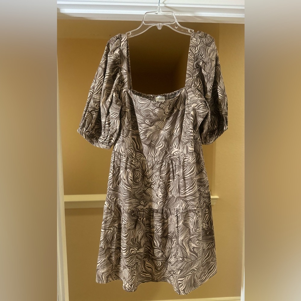 NWOT House Of Harlow 1960 Brown Tan Puffed Sleeve Mini Linen Blend Dress Size L